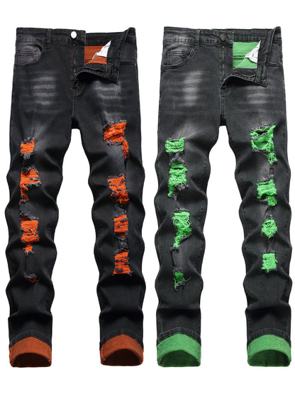 Two-pack Men's Ripped Stretch Slim-fit Ripped Jeans. They Are Suitable for All Seasons, Night Outings, Business Negotiations, Festive Parties, And Outdoor Activities. The Combination Of Orange And Light Green Is More Free And Happy.