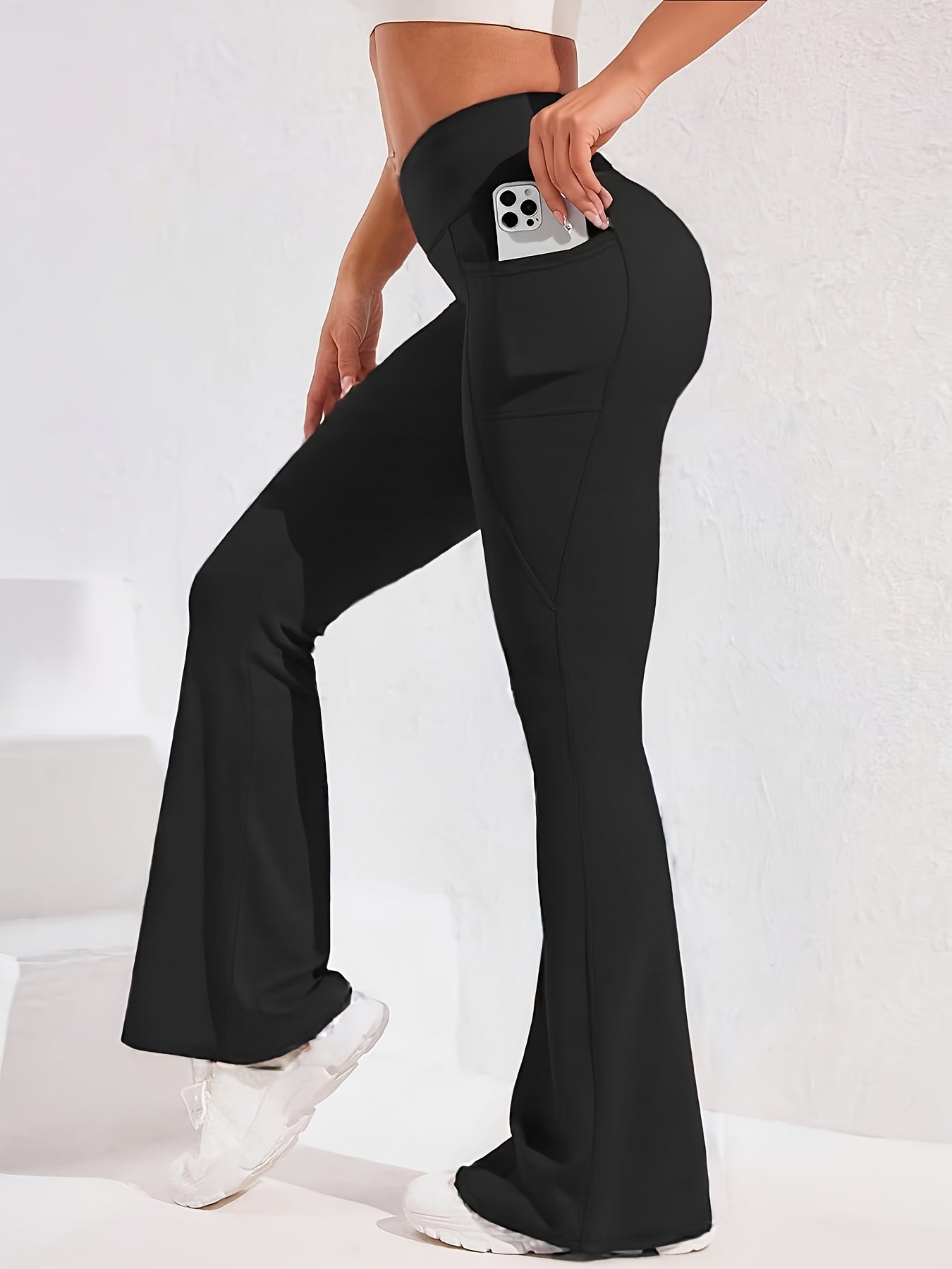 4pcs Women'S High Waist Bell Bottoms - Quick-Dry Tummy Control Butt Lifting Flare Leggings with Pockets, Casual Workwear Style, Solid Color, Fall/Winter Fashion, Comfortable & Stylish for Casual Attire, High Waisted Leggings, Winter Clothing, Flattering S