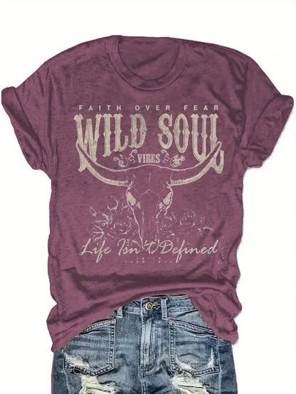 Wild Soul Graphic T-Shirt | Bohemian Style Design, Suitable for Adventurers and Casual Wear, Fashion Trendy Blend Short Sleeve Top with Crew Neck, Medium Stretch Fabric