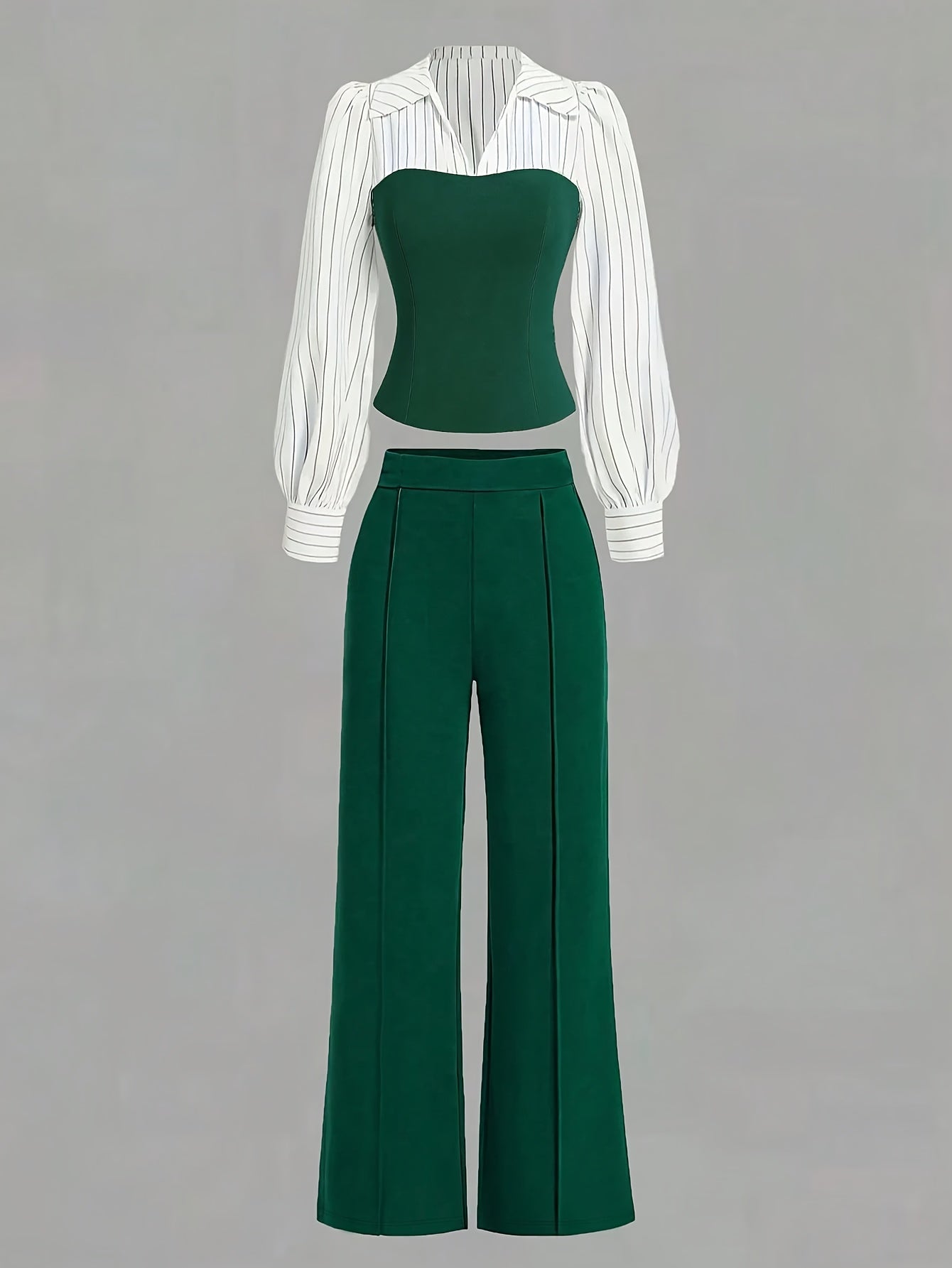 2pcss Women'S Thin Striped Patchwork Elegant Casual 2pcs Set, Long Sleeve Top And Pants