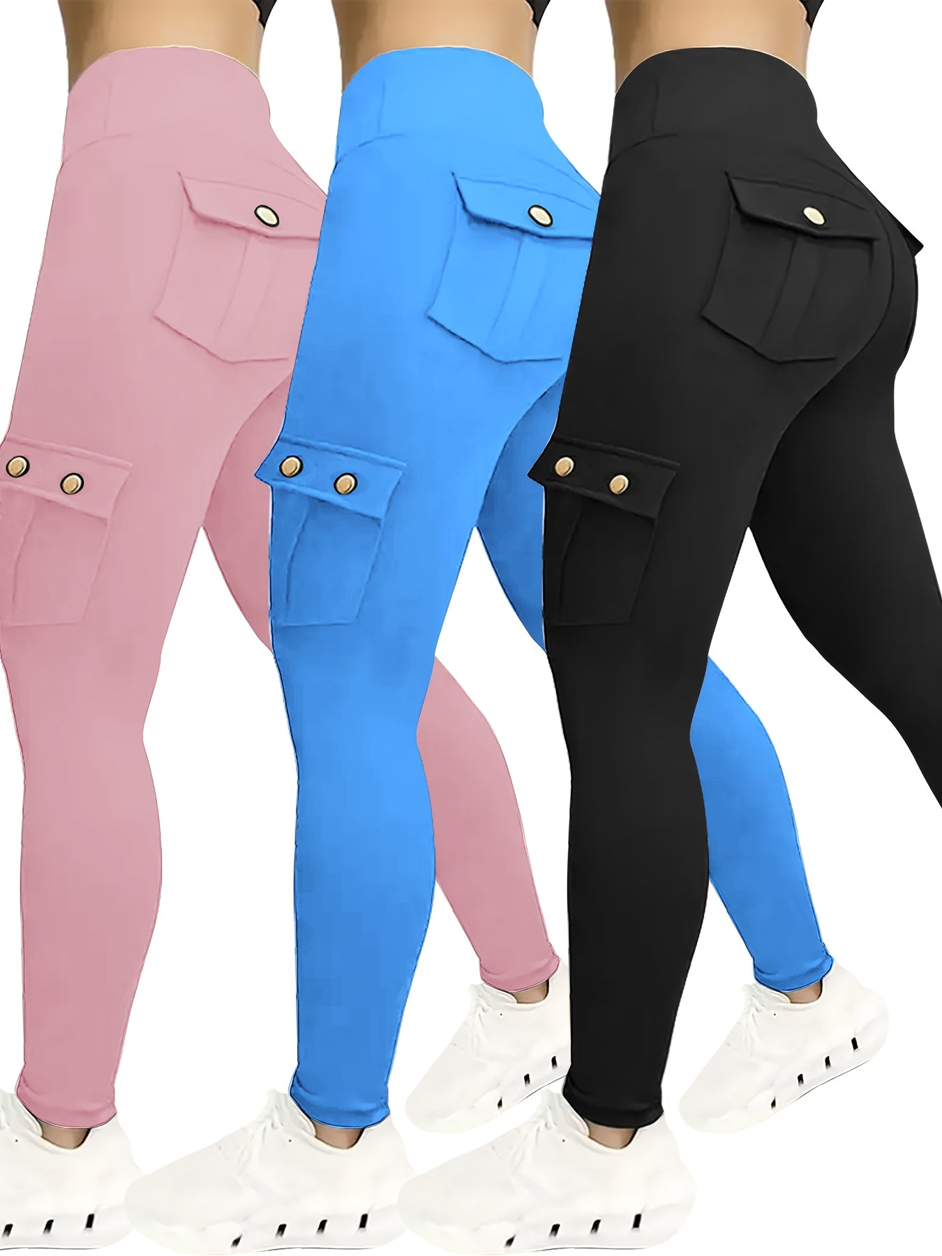 3-Pack Women'S High-Waisted Compression Leggings with Pockets, Suitable for All Seasons, Elastic Running And Sports Leggings, Button Design, Solid Colors (Black, Sky Blue, Gray, Pink, Red), Practical Flap Pockets, Comfortable Fabric