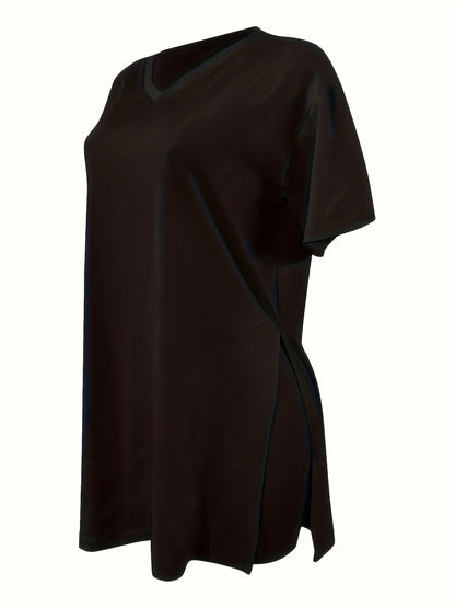 2pcs Set, Plus Size Women's Suit, Short Sleeve, Belted Waist, Top And Leggings