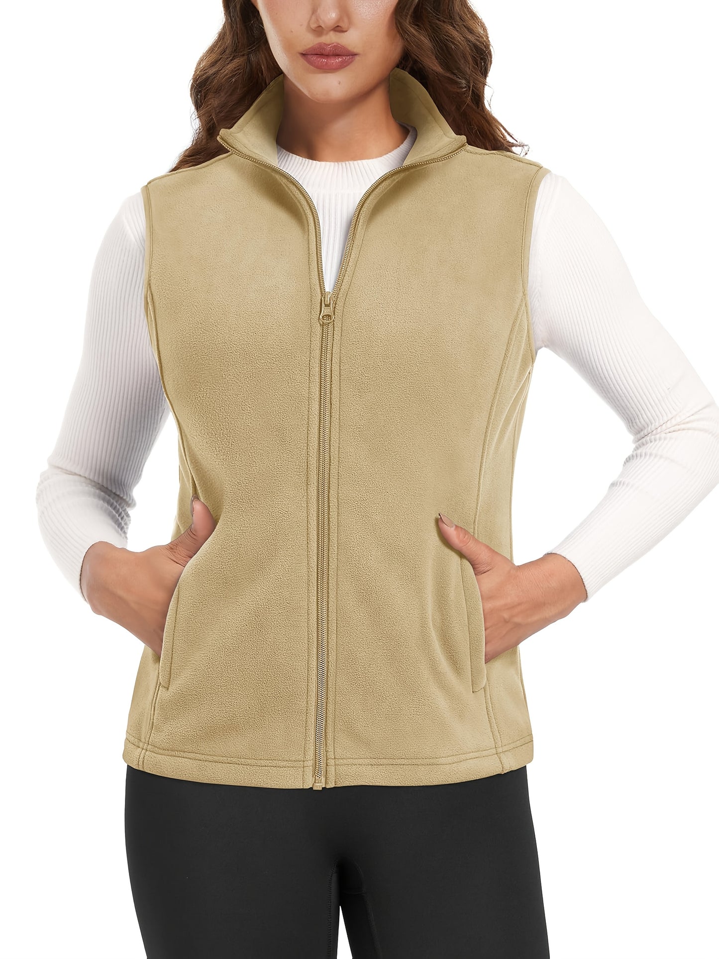 Women'S Fleece Zip Vest Lightweight Warm Sleeveless Jacket Stand Up Collar Windproof Soft Outerwear Vest with 4 Pockets Elastic Armholes for Camping Riding Office Outdoor Party Spring Fall Winter