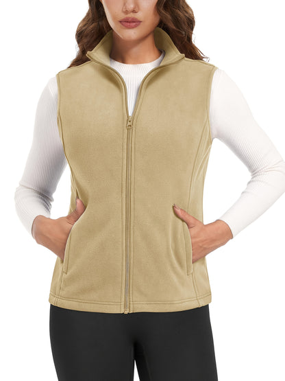 Women'S Fleece Zip Vest Lightweight Warm Sleeveless Jacket Stand Up Collar Windproof Soft Outerwear Vest with 4 Pockets Elastic Armholes for Camping Riding Office Outdoor Party Spring Fall Winter