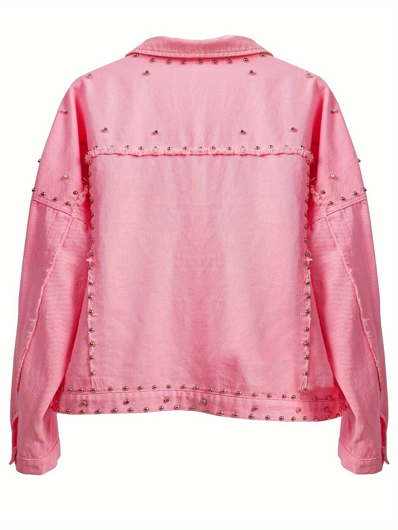 Women's Long Sleeve Rivet Studded Denim Jacket Casual Washed Pearl Short Jean Coat