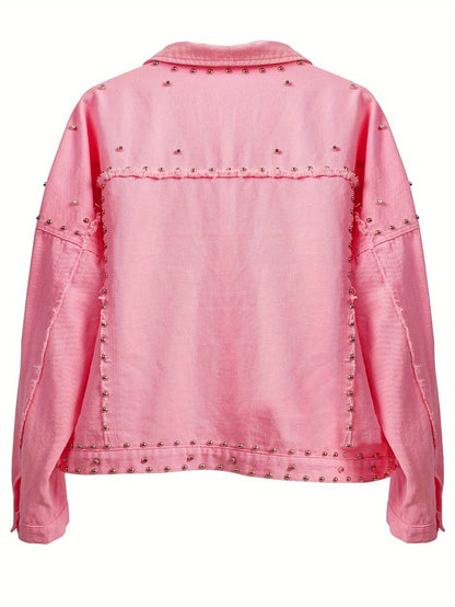 Women's Long Sleeve Rivet Studded Denim Jacket Casual Washed Pearl Short Jean Coat