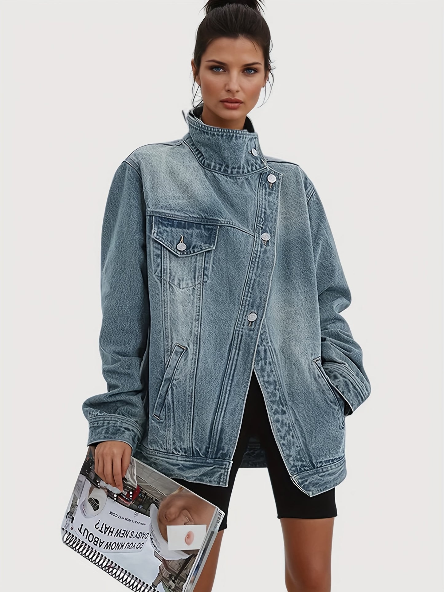Women's Vintage Washed High Neck Asymmetric Button Denim Jacket - Loose Fit Drop Shoulder Streetwear Coat, Single-Breasted Collar Jacket for Spring/Fall/Winter, Casual Outerwear Blouse