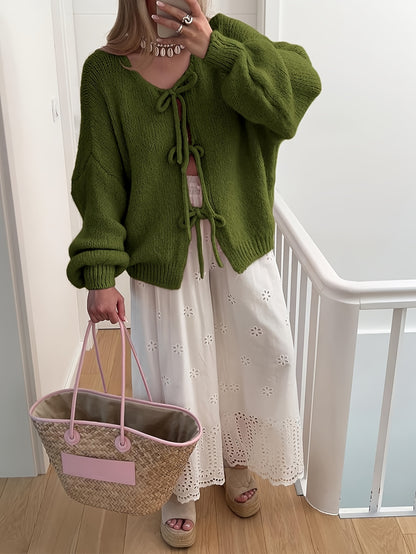 Women'S Oversized Bowtie Sweater Cardigan with Y2K Vibe Long Sleeves V Neck Open Front Casual Wear