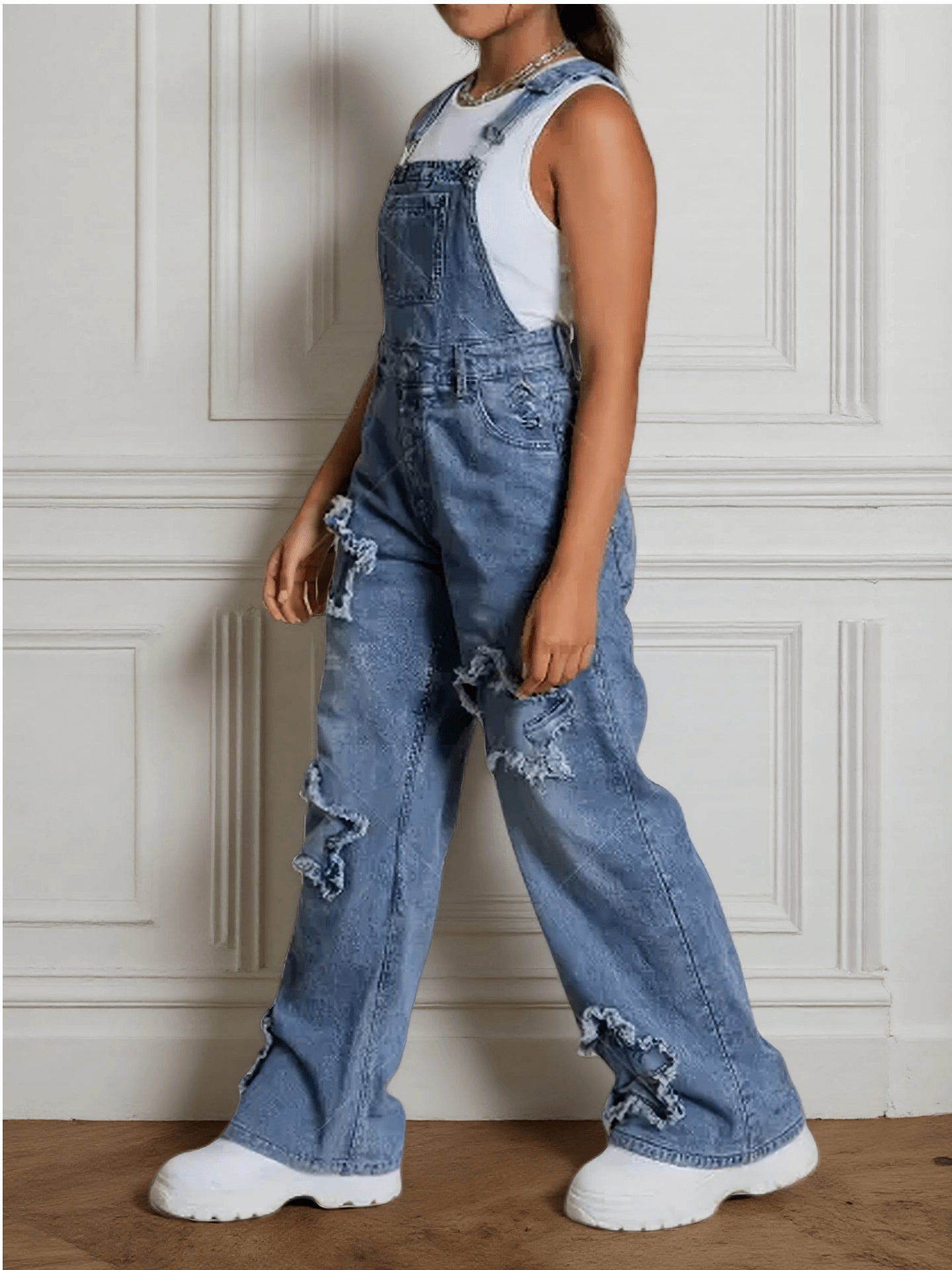 Teen Girls' Wide-Leg Denim Overalls with Star Embroidery Everyday Outfits - Machine Washable Teen Loose Fit Long Denim Machine Washable All-Season Casual Jeans for Teens Durable Fabric, for Outdoor