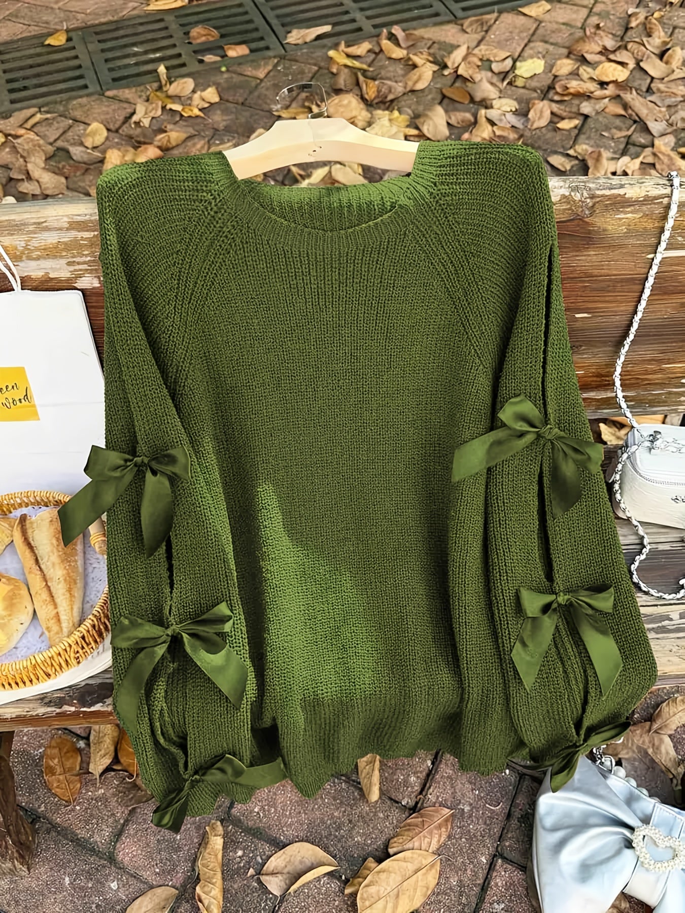 Plus Size, Plus-size  Sweet Style, Round Neck Balloon Sleeve Bow Sweater, Autumn and Winter Atmosphere Items