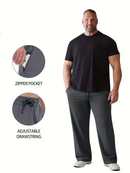 3pcs Men's Big & Tall Lightweight Casual Pants 1XL-7XL, Elastic Waistband with Adjustable Drawstring, Breathable Fast-Dry Wrinkle-Resistant Fabric, Secure Dual Zip Pockets, Comfort Lounge Trousers for Home & Travel, Plain Comfortable Trousers, Breathable
