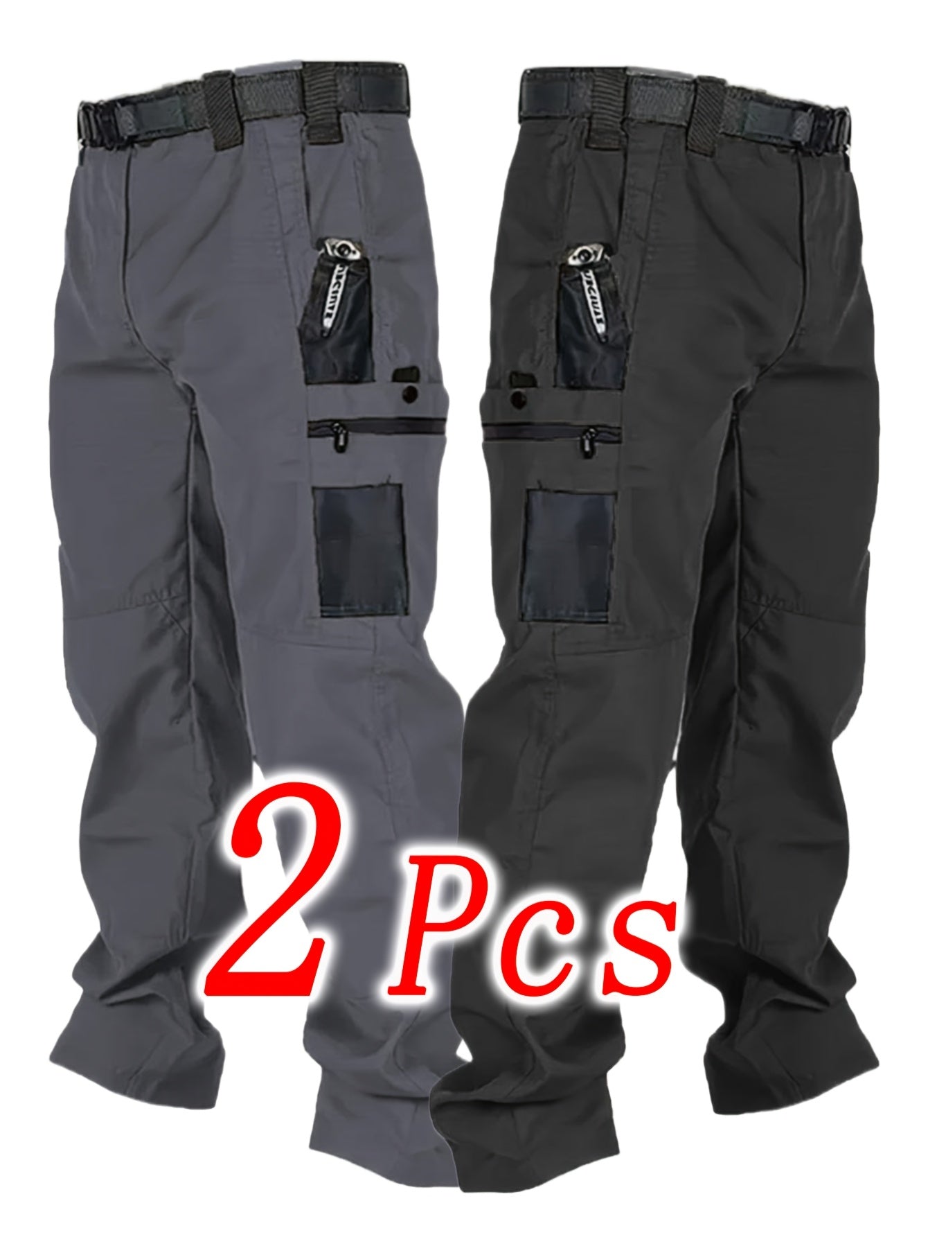 2pcs Men'S Tactical Pants - Heavy-Duty, Adjustable Belt & Multi-Pocket Design, Durable Outdoor Pants For Hiking, Hunting, Climbing, Casual Wear
