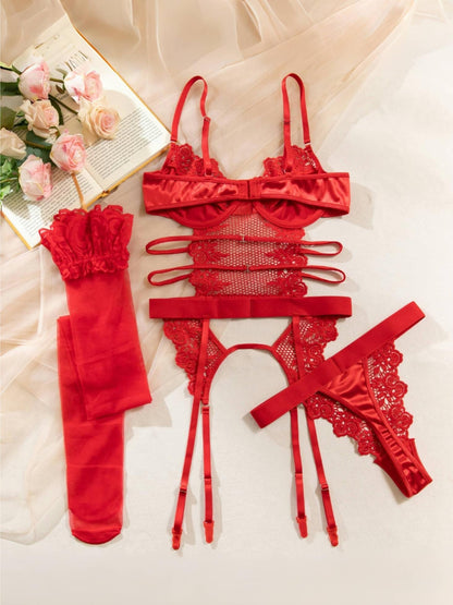 3pcs Sexy Semi-Sheer Lace Mesh Satin Lingerie Set with Garter Belt for Women, Contrast Lace Garter Bustier Bodysuit, Adjustable Strap Babydoll Corset with Stockings, Halloween Roleplay Costume, Hot Outfit Party Clothing Seductive Intimate Apparel Underwea