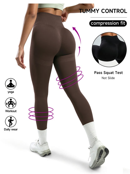Women's High Waist Peach Lift Yoga Pants- Tummy Control, Breathable, Four-Way Stretch, All-Season Fitness Leggings, Brown, Fitness Clothing| Solid Color Design| High Elastic Fabric