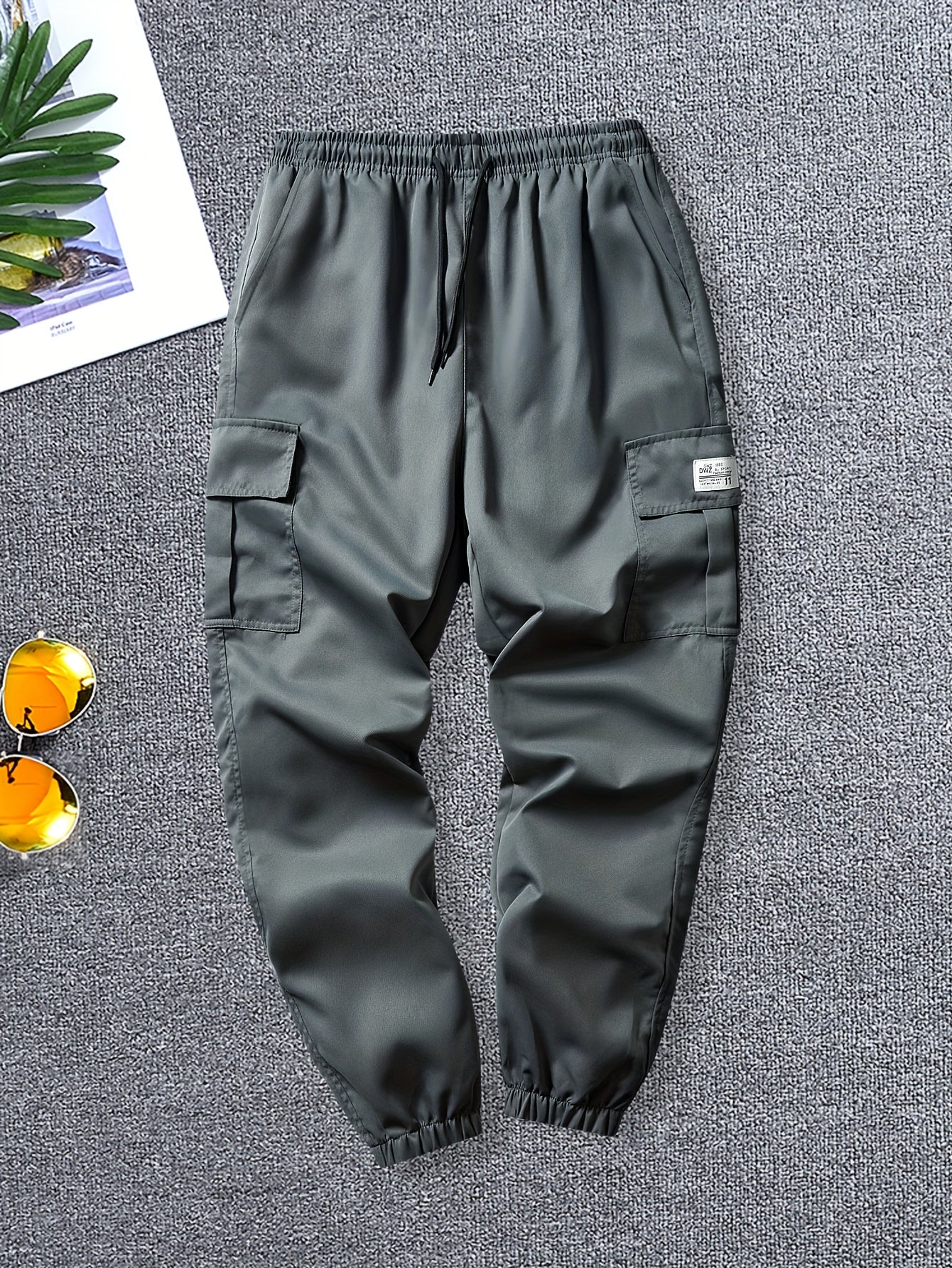 5pcs Men's Overalls, Elastic Belt Loose Work Pants, Multi-pocket Design, Machine Washable Non-elastic Fabric, Suitable for Outdoor/construction/travel, Outdoor Tooling Style, Textured Fabric