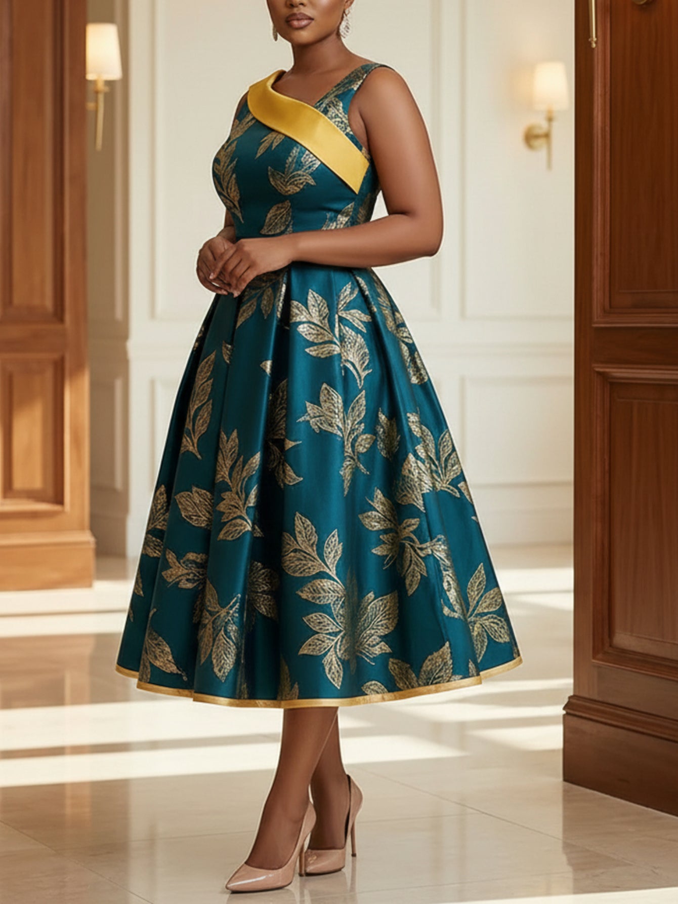 Plus Size, Plus Size Women's Spring-Summer Color-Block Waist-Fitted Dress | Leaf-Patterned Design Showcasing Exquisite Charm, Ideal for Light Dinner Occasions, Social Events & Exquisite Dates with Fashionable Looks