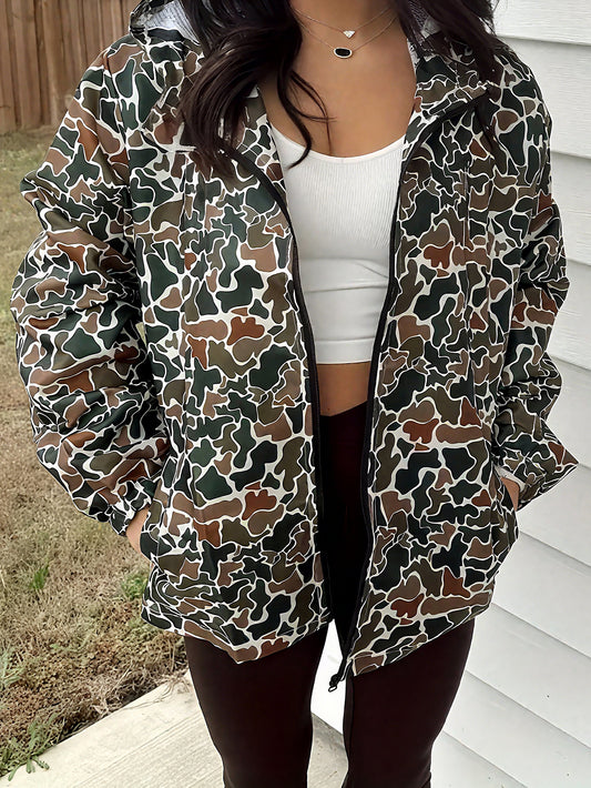 Camo Hooded Jacket Women's, Streetwear Windbreaker, Casual Fall Outerwear, Fashion Hoodie for Daily Wear