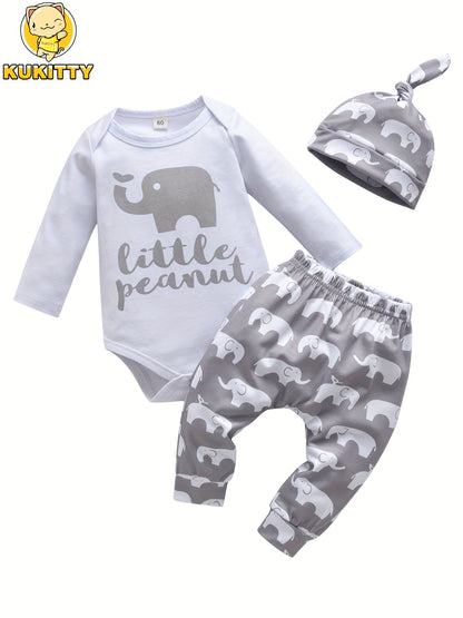 KuKitty Newborn Baby Boy Clothes Infant Boys Long Sleeve Cartoon Print Romper Pants Hat 3pcs Outfits Set