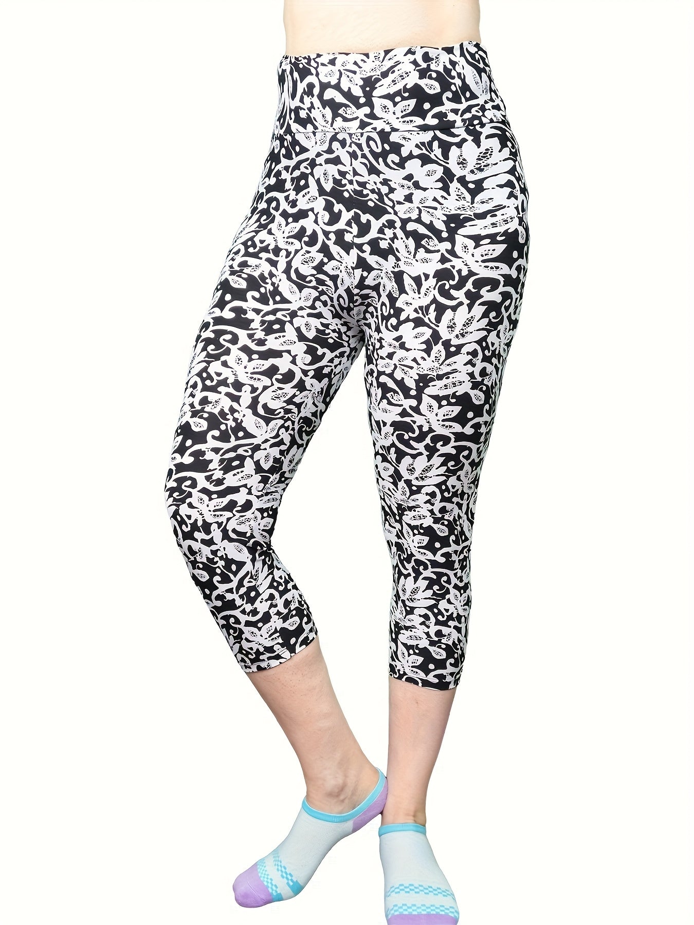 Women's High-Waisted Capri Leggings - Smooth Polyester Blend with Spandex, High Stretch, Three Quarter Length | Perfect for Yoga, Sports, Workout | Super Soft, Elastic Waistband, No Sheer