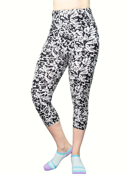 Women's High-Waisted Capri Leggings - Smooth Polyester Blend with Spandex, High Stretch, Three Quarter Length | Perfect for Yoga, Sports, Workout | Super Soft, Elastic Waistband, No Sheer