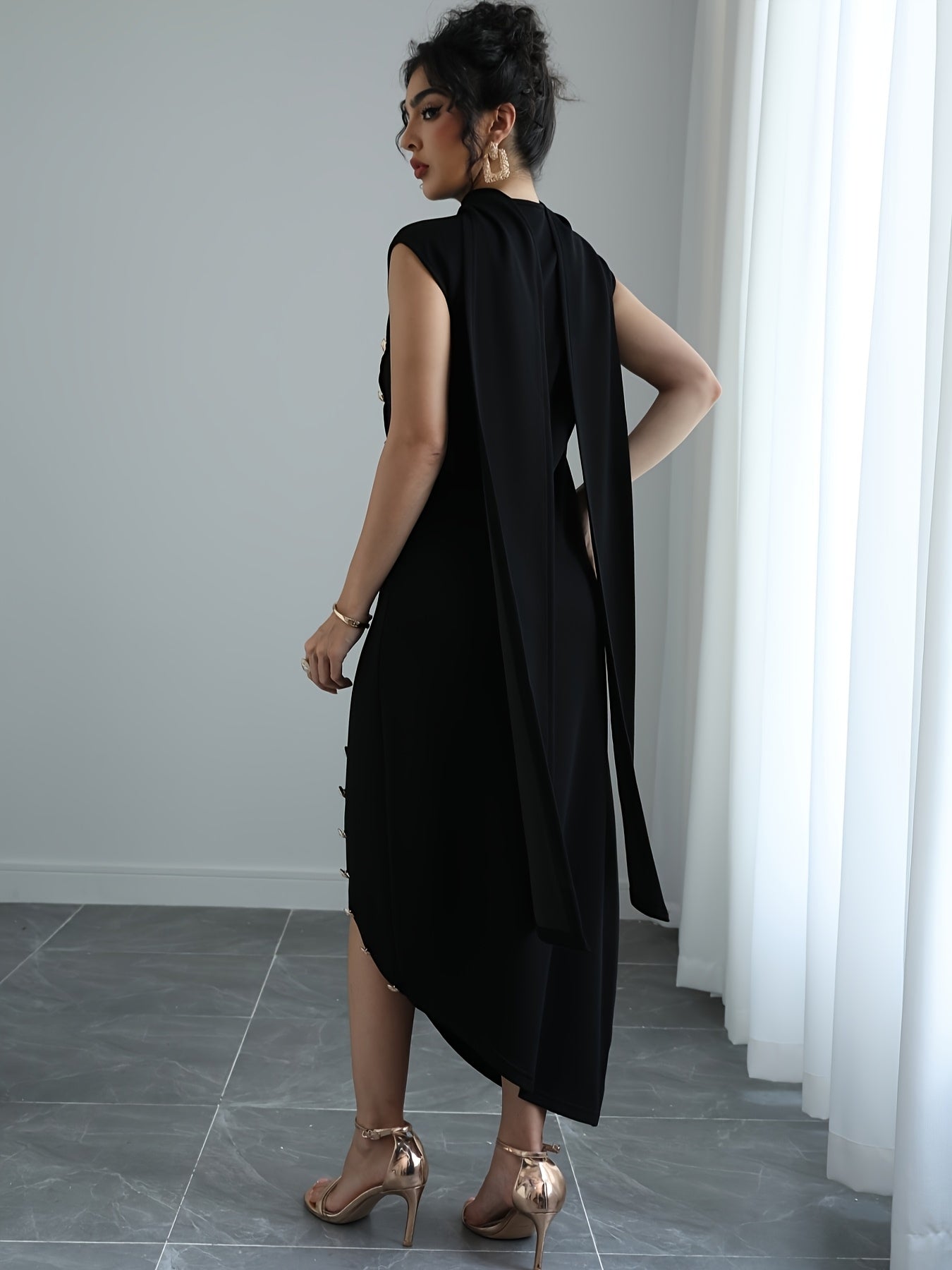 Women'S Elegant High Neck Sleeveless Maxi Dress with Shawl Collar & Split Hem - Solid Color A-Line Silhouette, Floor-Length to Mid-Calf Length Adjustable Maxi Dress for Spring Summer Fall, Casual to Formal Events, Wrinkle-Resistant Fabric (No Lining) - Ve