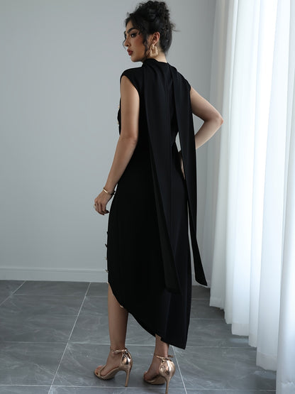 Women'S Elegant High Neck Sleeveless Maxi Dress with Shawl Collar & Split Hem - Solid Color A-Line Silhouette, Floor-Length to Mid-Calf Length Adjustable Maxi Dress for Spring Summer Fall, Casual to Formal Events, Wrinkle-Resistant Fabric (No Lining) - Ve