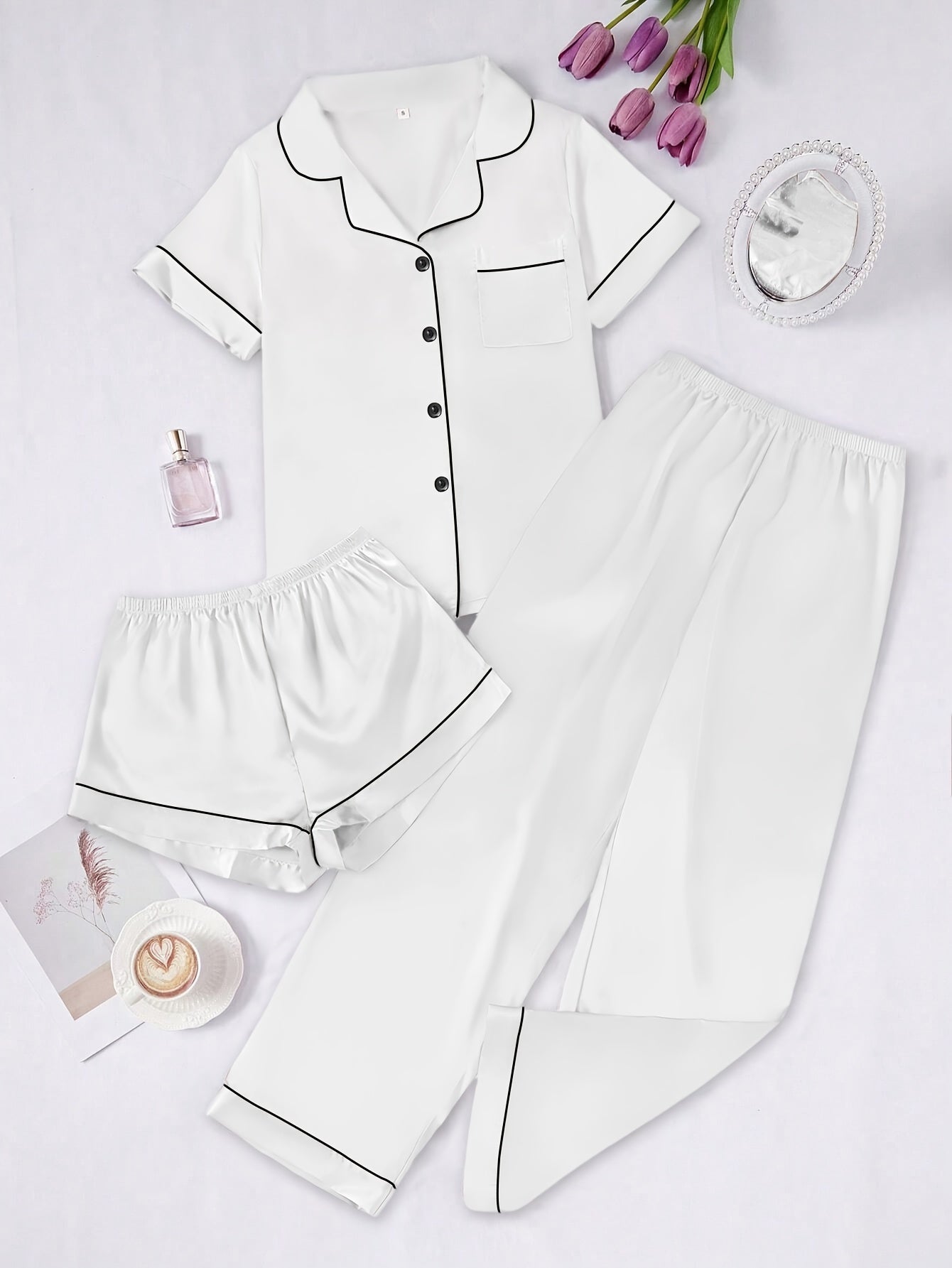Solid Color Women'S Simple And Comfortable 3pcs Pajama Set, Includes 3pcss: Collared Short-Sleeve Top & Elastic Waist Shorts & Elastic Waist Long Pants Women'S Pajama Set