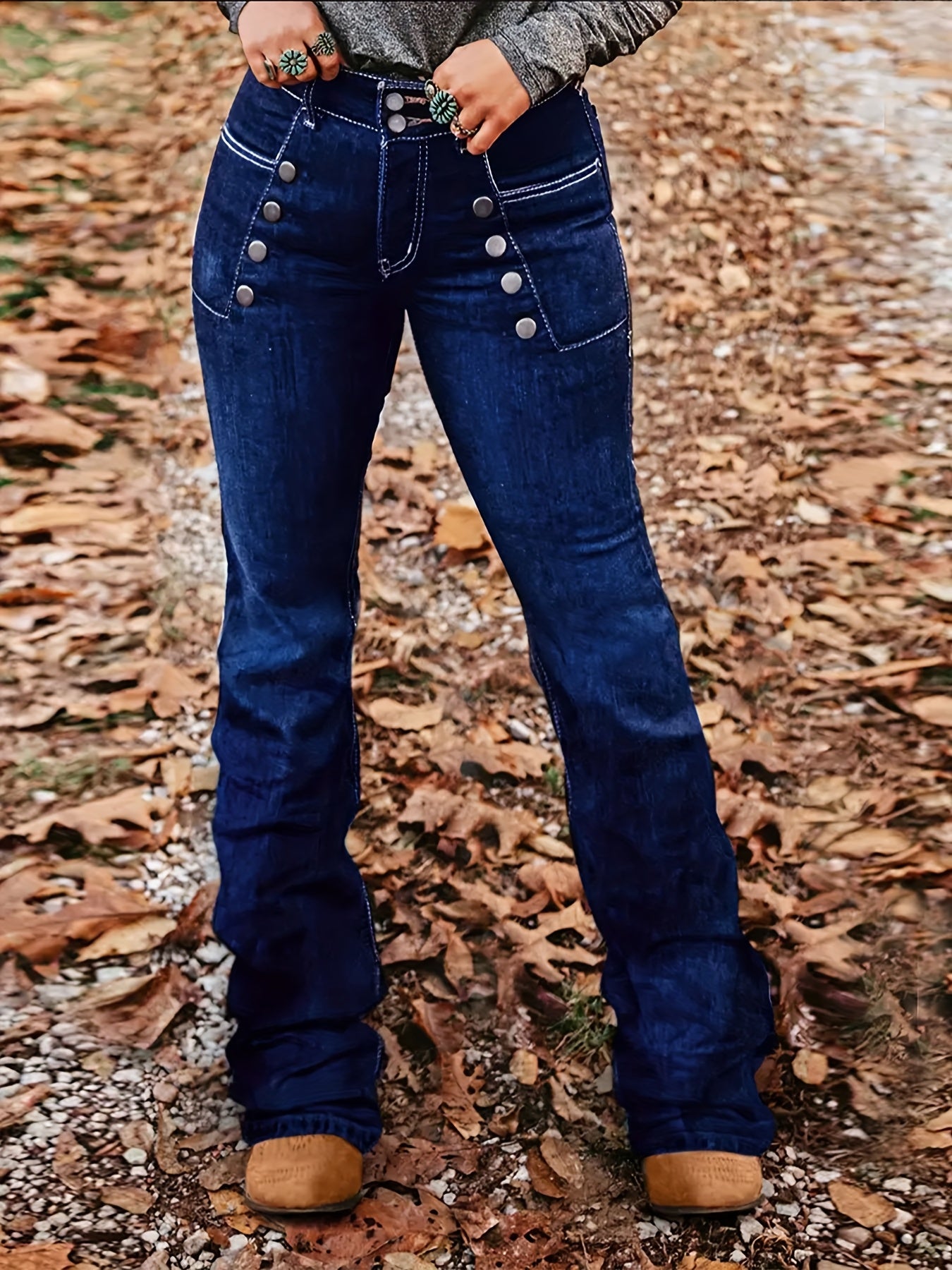 [Comfort Fit Denim Pants] Dark Blue Comfort Fit Women's Mid-High Waist Stretchable Flared Denim Pants, Buttoned Detail - Casual to Semi-Formal Wear, Casual Denim Wear|Flared Jeans|Comfortable Fit