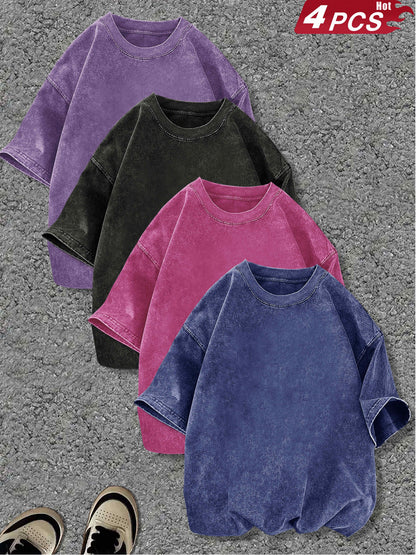 4pcs Women's Heavyweight Vintage Washed Cotton T-Shirts- Loose Drop Shoulder Round Neck Style, Purple/Black/Pink/Blue, Soft Everyday S