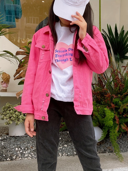 Girls' Pink denim Jacket - Soft & Stretchy Kids Coat with Button Front, Turn- Collar - Ages 5-14 Years (Sizes 6, 8, 10, 12, 14) - Casual Everyday & Formal Outfits - Easy-Care Button Closure Jacket, Children's Outerwear, Skinfriendly Fabric