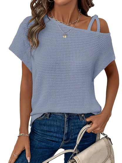 Women'S Summer Off Shoulder Waffle Short Sleeve T-Shirt Solid Color Top