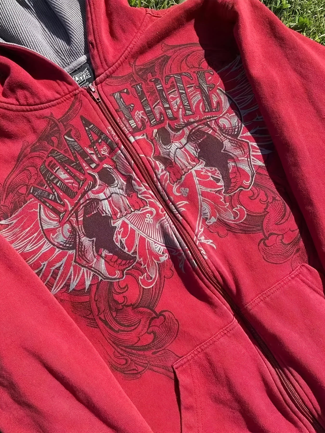Y2K MMA Elite Zip Up Hoodie, Red Vintage Graphic Streetwear Jacket with Gothic Skull Wing Print, Full Zip Sweatshirt for Fall Winter, Unisex Hip Hop  Style Hoodie for Teens Men Women Couples, American Aesthetic Fashion Outerwear