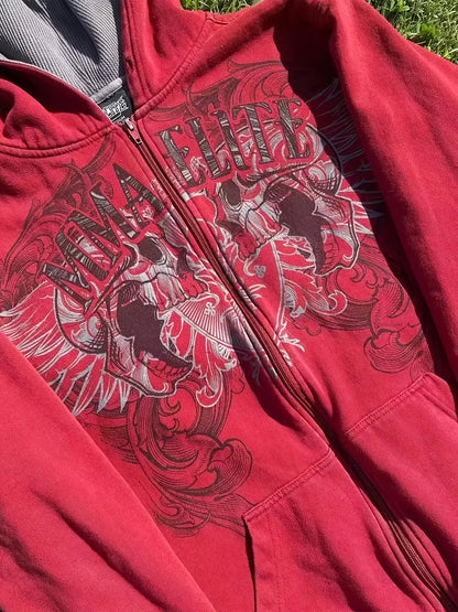 Y2K MMA Elite Zip Up Hoodie, Red Vintage Graphic Streetwear Jacket with Gothic Skull Wing Print, Full Zip Sweatshirt for Fall Winter, Unisex Hip Hop  Style Hoodie for Teens Men Women Couples, American Aesthetic Fashion Outerwear