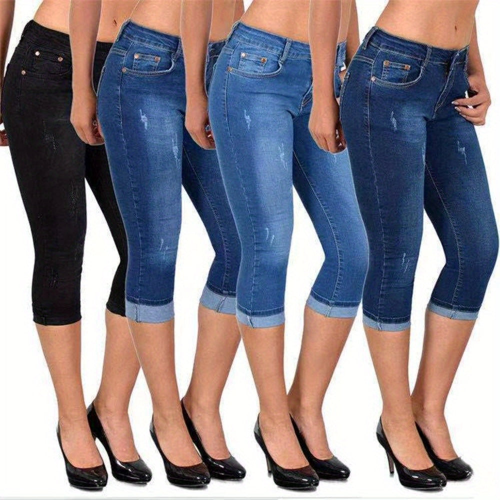 Women's Stretch Skinny Capri Jeans - Slim-Fit Cropped Denim Pants with Elastic Waistband, Street Style Summer Casual Solid Color, Machine Washable, Elastic Waist Jeans, Comfortable Fashion, Stylish Silhouette, Durable Fabric