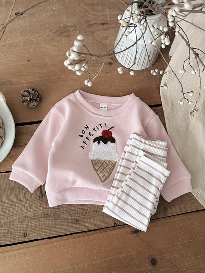 Two-Piece Spring/Autumn Baby Outfit - Cute Ice Cream Patchwork Round Neck Pink Sweatshirt + Pink And White Striped Casual Pants Sweetheart Youngsters Set, Long Sleeve And Trousers, No Additions Included, for Outdoor