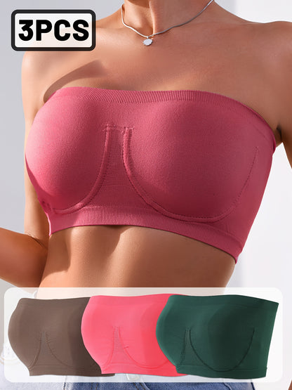 3pcs Esselegance Plus Size Strapless Bras for Women, Seamless Bandeau Tube Bra -Wire-Free Non-Slip Design, High-Stretch And Breathable for Backless Dresses Daily Comfort