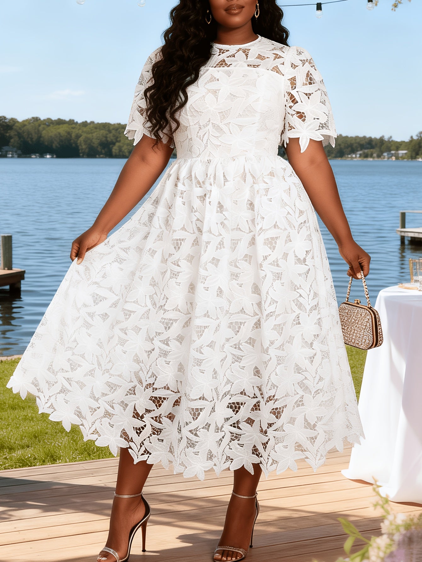 Plus Size - Plus Size - Plus Size Round Neck Lace Dress, Elegant Midi Length with Waist Definition, Formal Banquet And Evening Gown