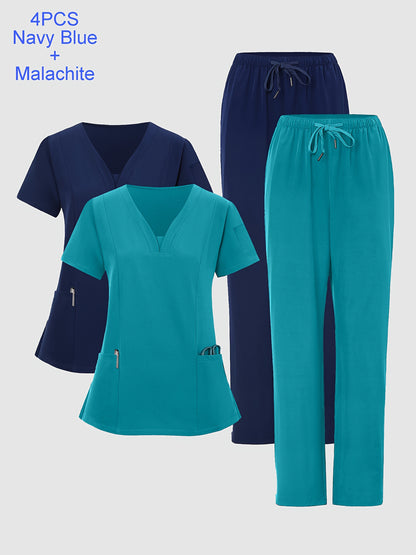 [Breathable Work Clothes] 4pcs Set of Women's Frosted Breathable Uniform with Pockets, Hand Washing Clothes, Work Clothes, Hand Brushing Clothes, Pants Set