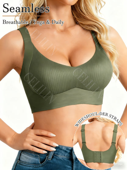 4 Pack Plus Size Seamless Ribbed Bras for Women, Shopping Festival Special, Beauty Back Shockproof Push Up, Side Support Wireless, Adjustable Wide Straps, High Elastic Anti-Gravity & Anti-Sagging, Comfortable Daily Wear