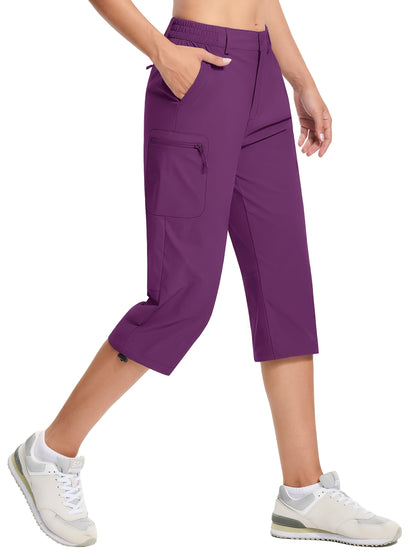Women'S Summer Hiking Capri Pants - Lightweight, Quick Dry, Stretchy, Zipper Pockets, Adjustable Waist & Cuffs For Outdoor Travel, Hiking, Camping, Fishing, Casual Wear Long Shorts