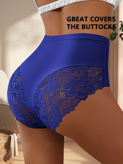 5pcs Women's High-Waisted Tummy Control Briefs- Elegant Lace Detailing, Soft& Elastic Seamless Design, Full Coverage, No-Roll, Breathable& Comfortable, Multi-Pack with Vibrant Colors, Essential for Daily Wear