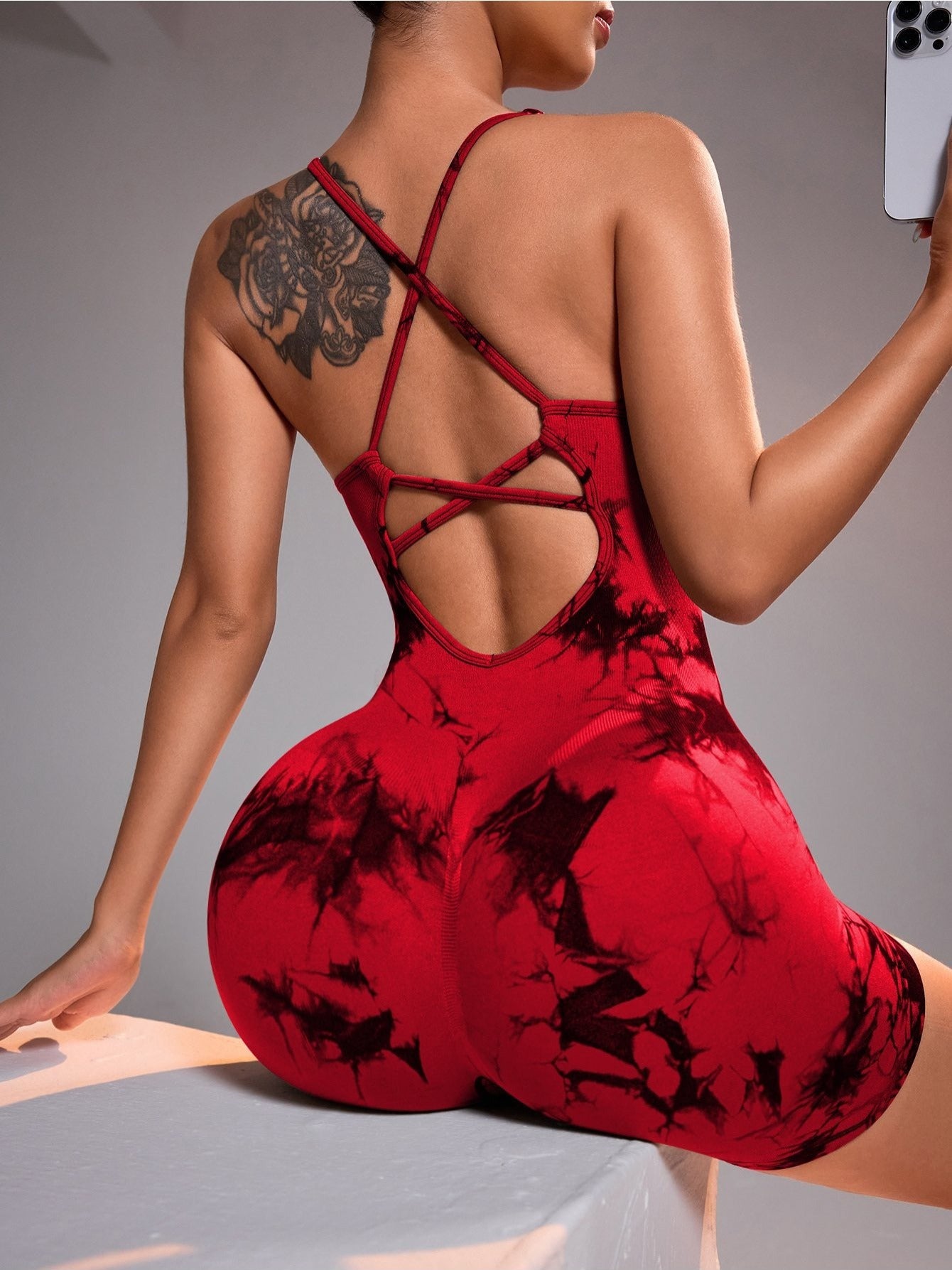 Stretchy Seamless Women's Tie-Dye Crisscross Backless Yoga Bodysuit, Athletic Sports Padded Romper Jumpsuit, Butt Lifting Fitness Shorts Workout Clothing for Gym Running Biking Outdoor Tennis, Womens Summer Clothing Fitness Wear Daily Wear Activewear, Bir