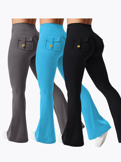 2025 New 3pcs Black Gray Green Trendy Work Attire Bell Bottom Trousers, Women'S Casual Flared Pants, High Waisted Pocket Activewear, Work Style Peach Hip Trousers, Quick Drying Belly Lifting Sports Pants with Flared Bottoms