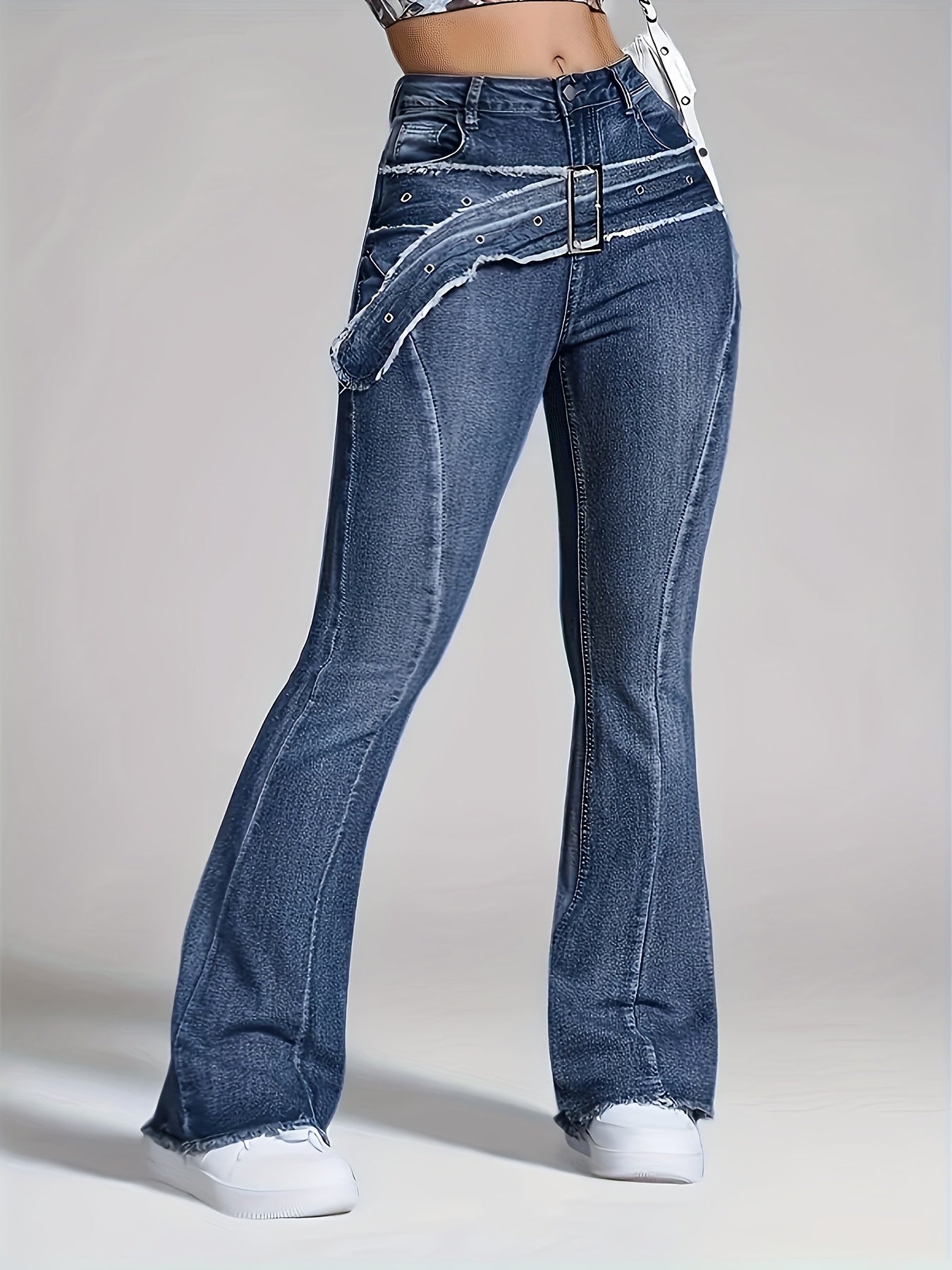 Ladies' Retro Washed Fringed Fake Waistband Design with Curved Edge And Slightly Flared Jeans