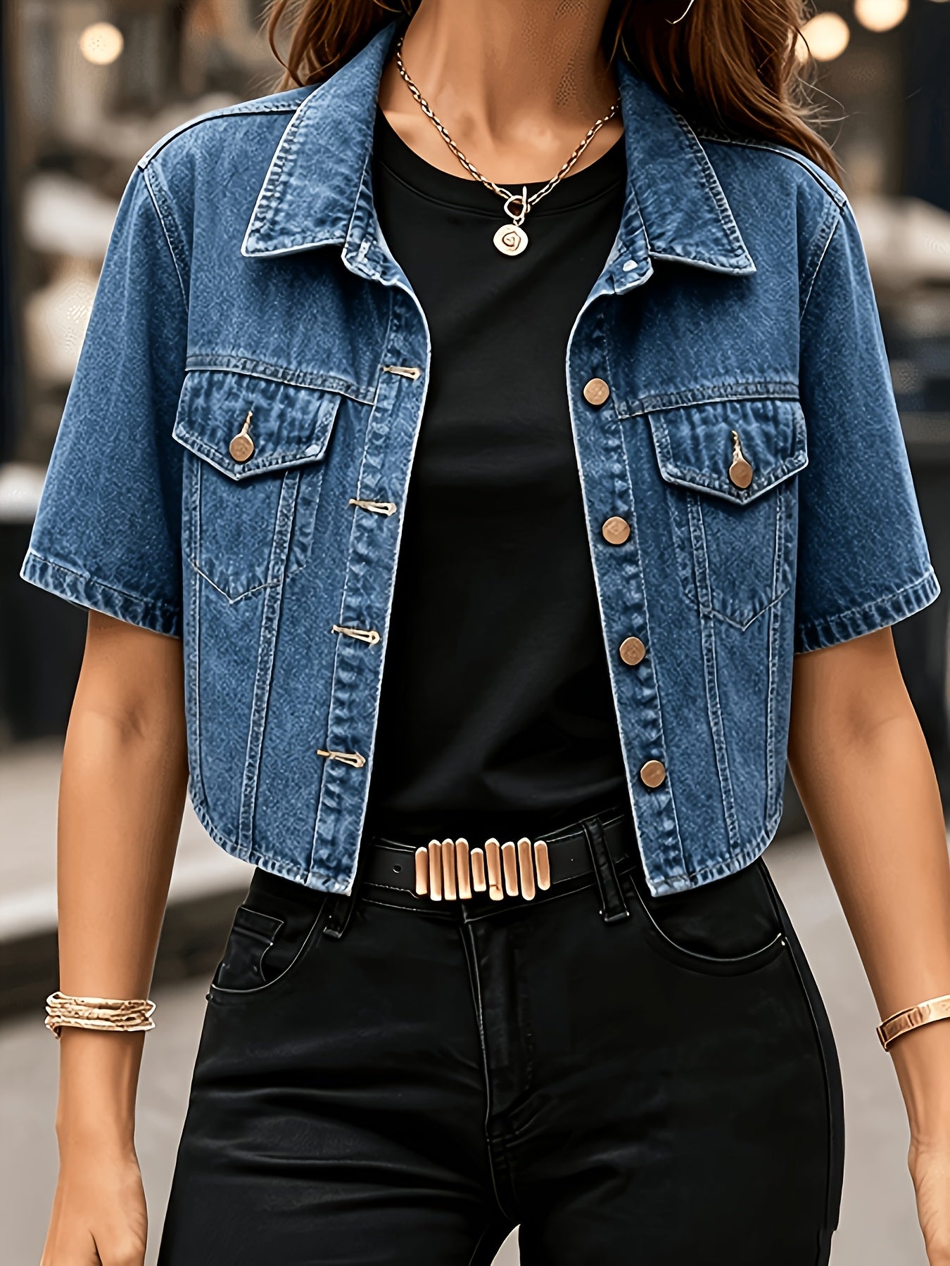 [Women's Denim Jacket] 2026 New Women's Denim Jacket, Dark Blue Regular-Fit Short Denim Jacket, Vintage-Washed Short Denim Jacket