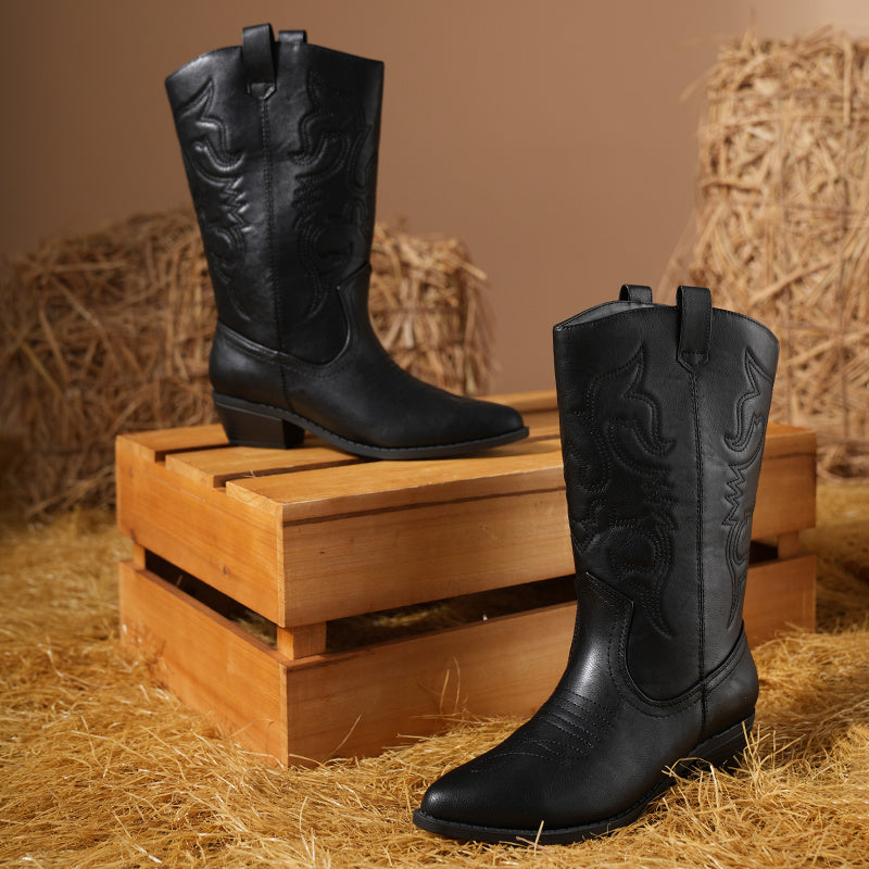Women's Cowboy Boots Pull On Cowgirl Boots Mid Calf Western Boots, Women's Pull On Mid Calf Western Boots