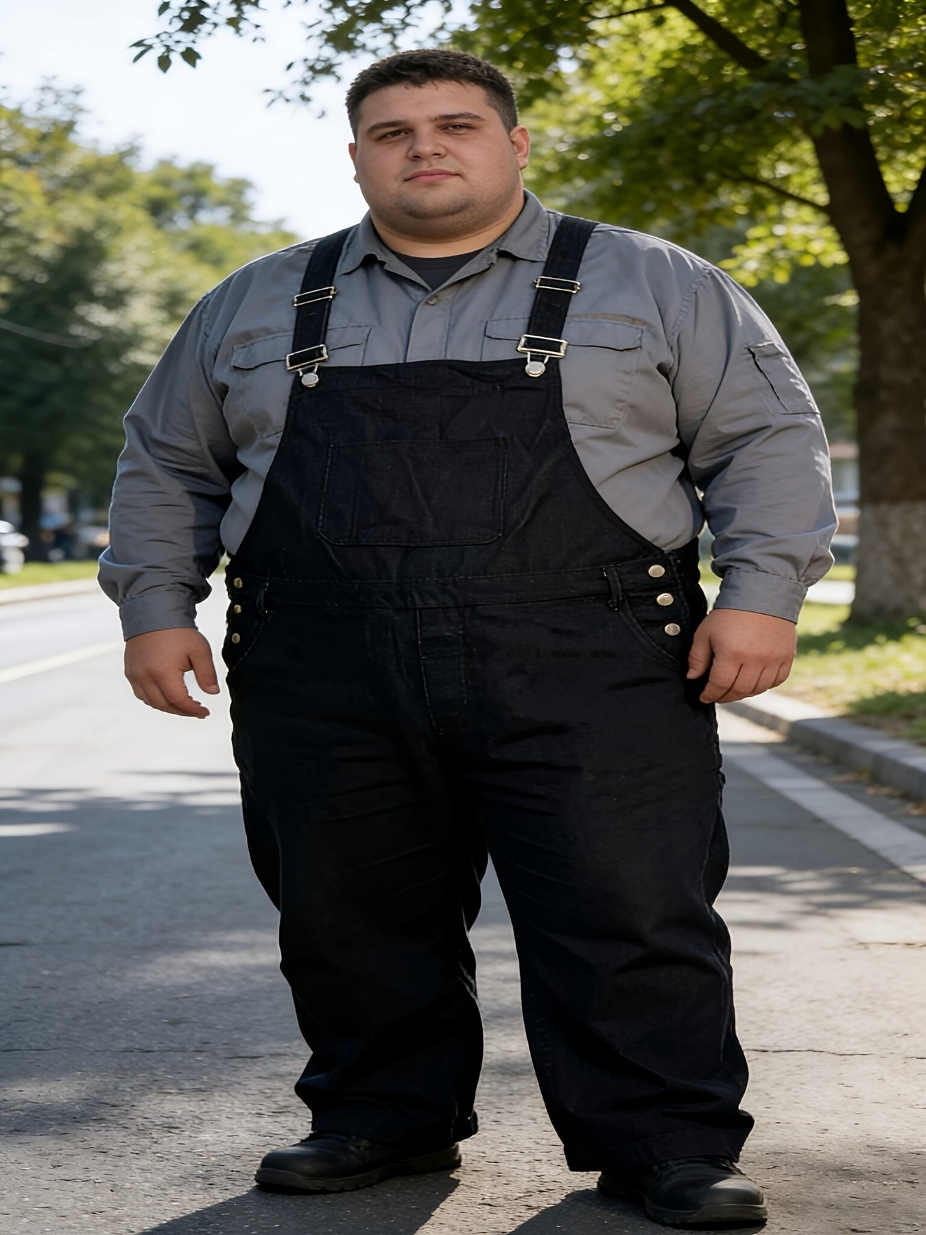 Plus-size Men's Loose-fitting Overalls, Suitable for Plus-size Men. Adjustable Straps, Durable Black Fabric, Suitable for Work And Outdoor Wear., PLUS SIZE