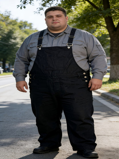 Plus-size Men's Loose-fitting Overalls, Suitable for Plus-size Men. Adjustable Straps, Durable Black Fabric, Suitable for Work And Outdoor Wear., PLUS SIZE
