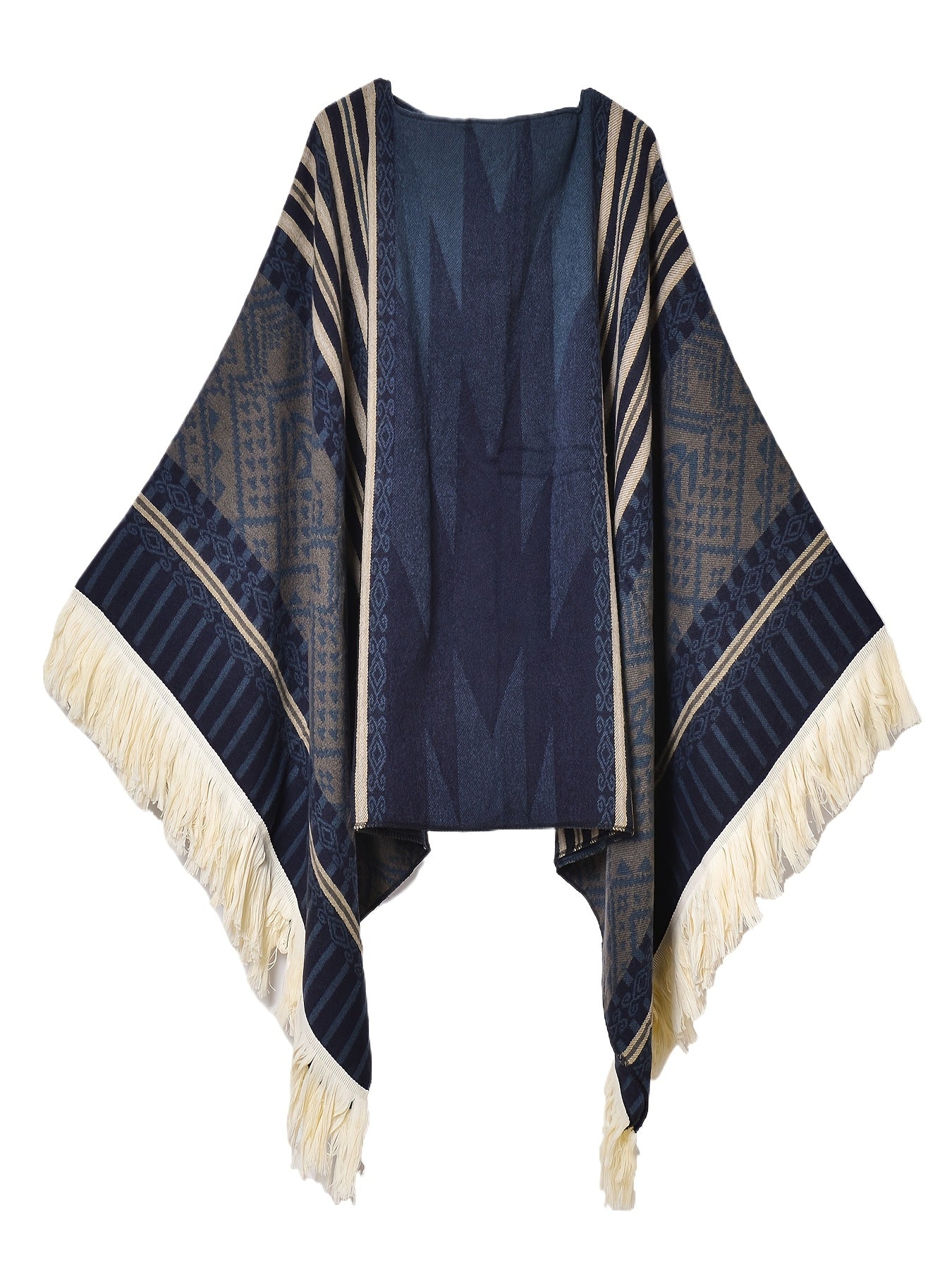 Men's Western Bandit Cape Coat with Tribal Print, Warm V-Neck Poncho with Tassel Trim for Outdoor Adventures, Fall and Winter Casual Wear (Brown/ White)
