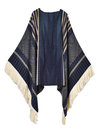 Men's Western Bandit Cape Coat with Tribal Print, Warm V-Neck Poncho with Tassel Trim for Outdoor Adventures, Fall and Winter Casual Wear (Brown/ White)